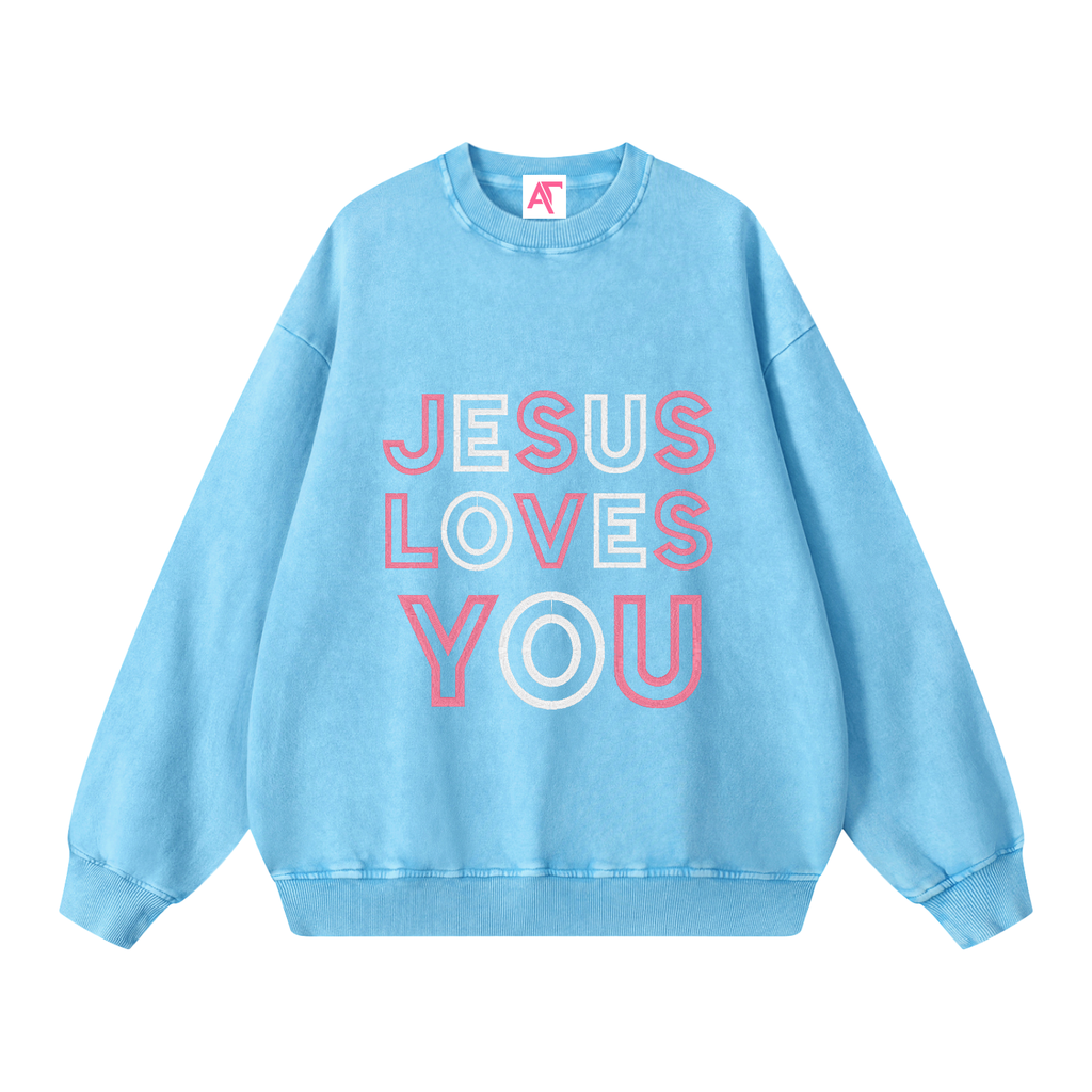 Embroidered Jesus Loves You Oversized Sweatshirt